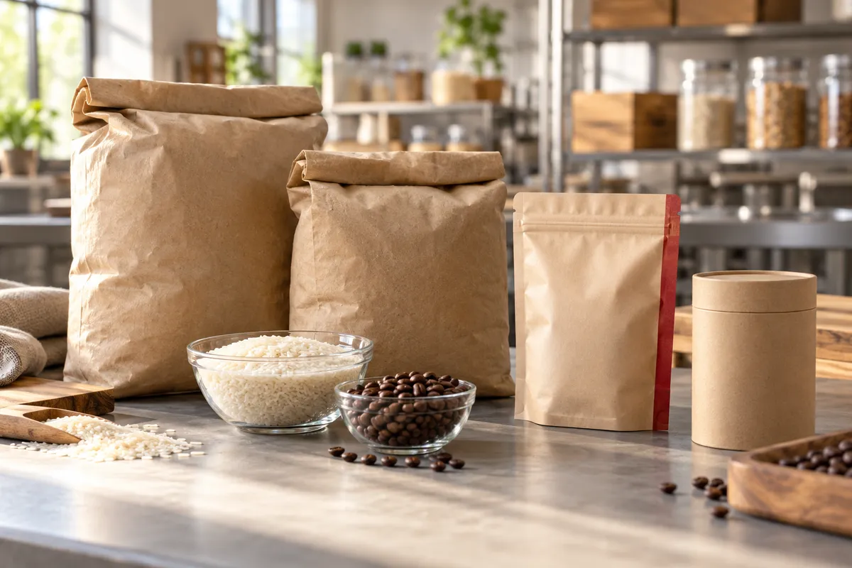 Ingredientes secos y envases de alimentos en una mesa de selección