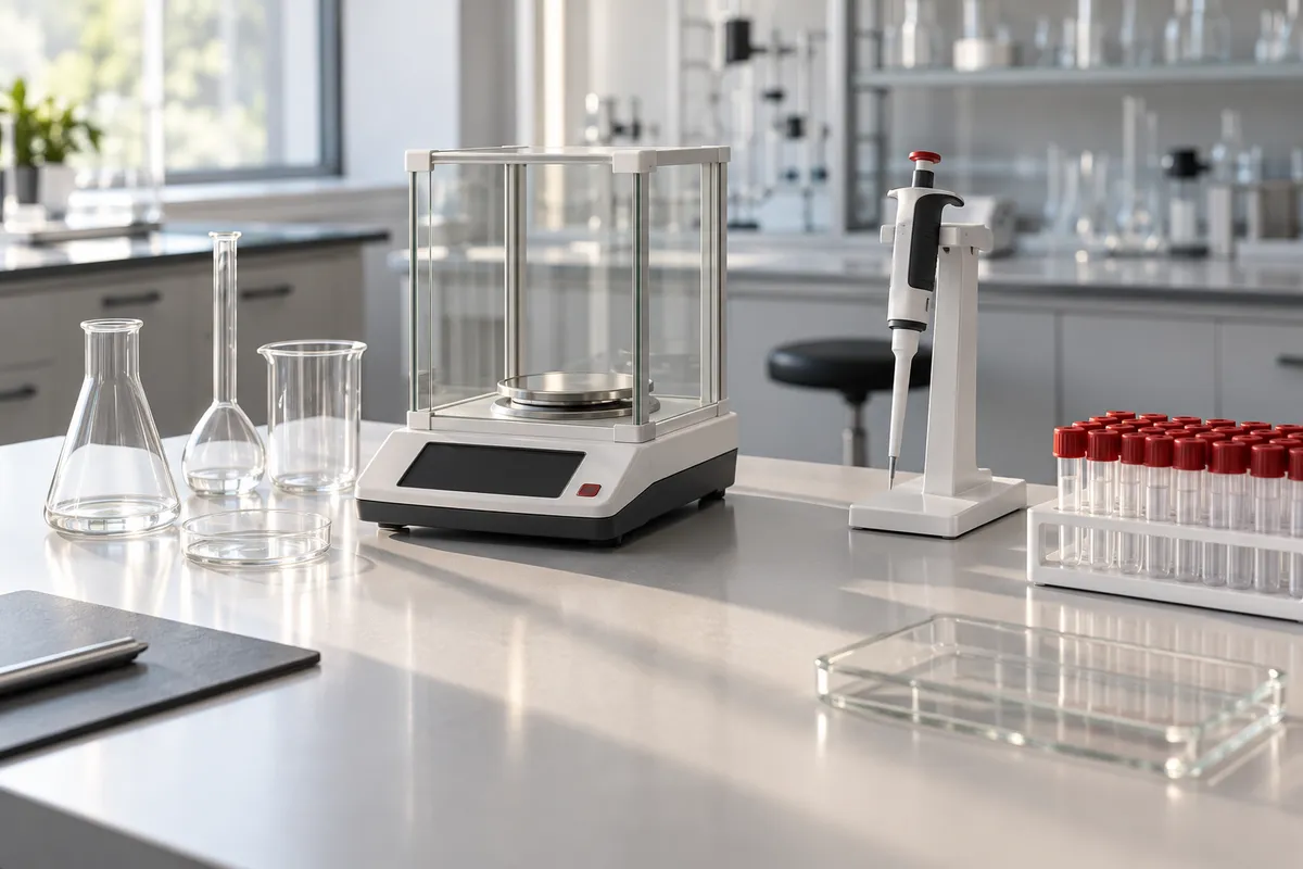 Material de vidrio e instrumentos sobre una bancada de laboratorio